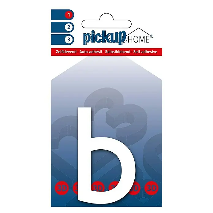 Pickup 3D Home Hausnummer Rio - Motiv: b, Höhe: 6 cm, Weiß, Kunststoff, Selbstklebend - Auf dem Bild ist ein selbstklebender 3D-Buchstabe "b" von Pickup Home zu sehen, ideal zur individuellen Gestaltung von Wohnräumen.