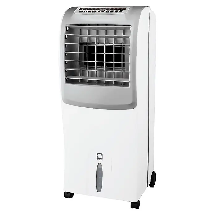 MConfort Climatizador evaporativo Hogar E1200 - Blanco, Altura: 88 cm, 130 W, 10 litros - Enfriador de aire evaporativo portátil blanco y gris con controles superiores, rejilla, tanque de agua visible y ruedas.