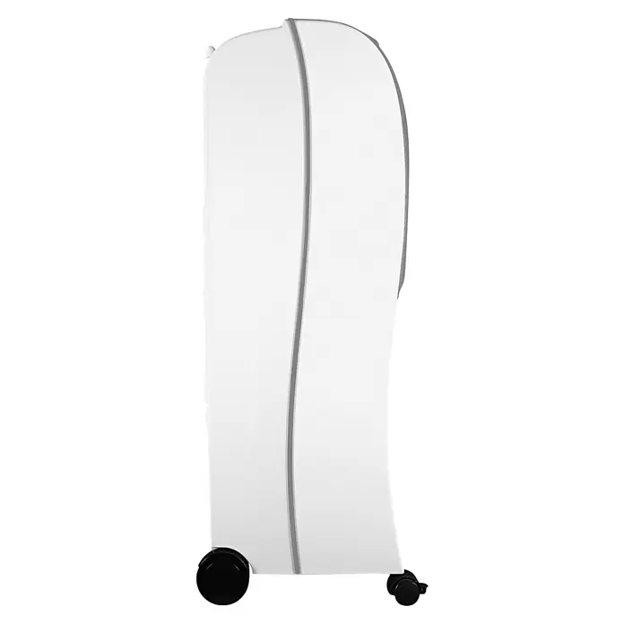 MConfort Climatizador evaporativo Hogar E1200 - Blanco, Altura: 88 cm, 130 W, 10 litros - Perchero móvil blanco con ribete gris y ruedas negras.