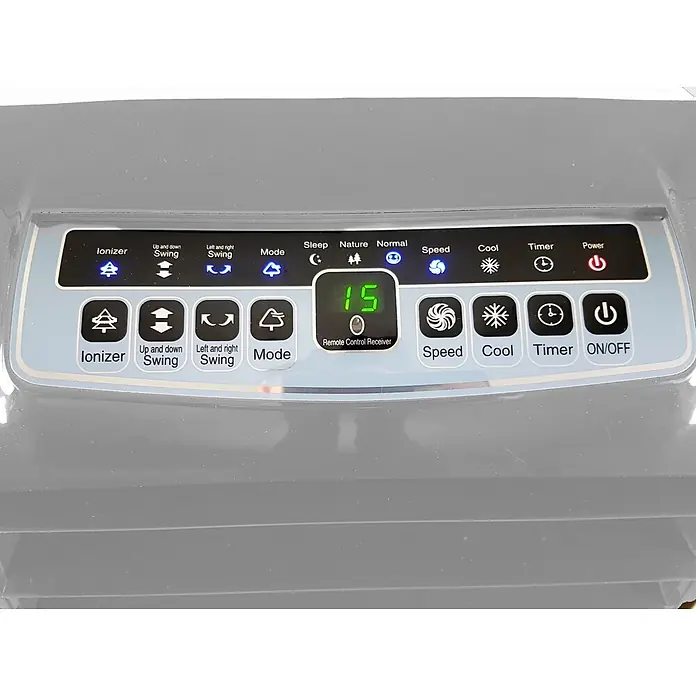 MConfort Climatizador evaporativo Hogar E1200 - Blanco, Altura: 88 cm, 130 W, 10 litros - Panel de control gris de un electrodoméstico con botones iluminados para ionizador, oscilación, modo, velocidad, frío, temporizador, encendido/apagado y una pantalla digital que muestra '15'.