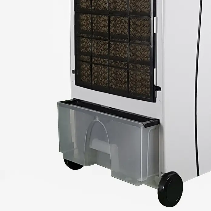 MConfort Climatizador evaporativo Hogar E1200 - Blanco, Altura: 88 cm, 130 W, 10 litros - Enfriador evaporativo portátil con almohadillas de enfriamiento oscuras visibles y depósito de agua transparente sobre ruedas.
