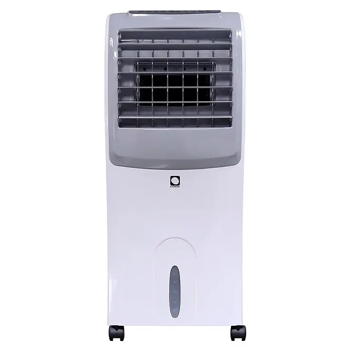 MConfort Climatizador evaporativo Hogar E1200 - Blanco, Altura: 88 cm, 130 W, 10 litros - Enfriador de aire evaporativo blanco y gris con rejilla frontal, indicador de nivel de agua y ruedas.
