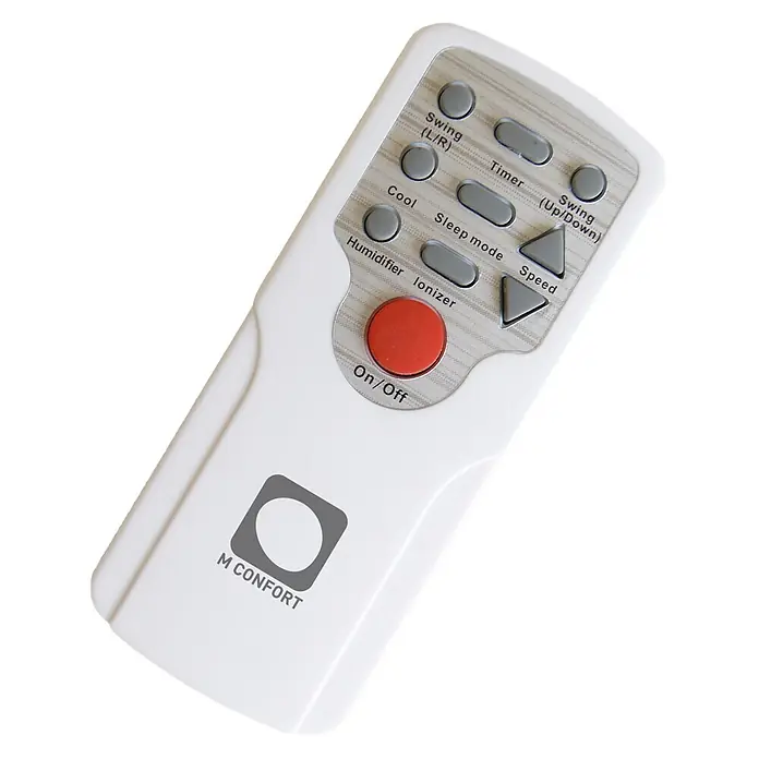 MConfort Climatizador evaporativo Hogar E1300C - Blanco, Altura: 92 cm, 130 W, 10 litros - Mando a distancia blanco M Confort con botones para frío, velocidad, oscilación, humidificador, ionizador y modo reposo.