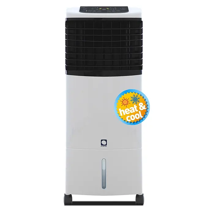 MConfort Climatizador evaporativo Hogar E1300C - Blanco, Altura: 92 cm, 130 W, 10 litros - Enfriador y calentador de aire portátil blanco y negro con panel de control, rejilla frontal, indicador de nivel de agua y ruedas.
