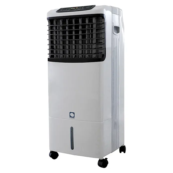 MConfort Climatizador evaporativo Hogar E1300C - Blanco, Altura: 92 cm, 130 W, 10 litros - Enfriador de aire vertical blanco con rejilla frontal negra, panel de control superior, indicador de nivel de agua y ruedas.