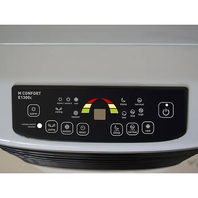 MConfort Climatizador evaporativo Hogar E1300C - Blanco, Altura: 92 cm, 130 W, 10 litros - Panel de control negro M CONFORT E1300c con iconos blancos para calefacción, refrigeración, ventilador, temporizador, ionizador y encendido, en un aparato blanco.