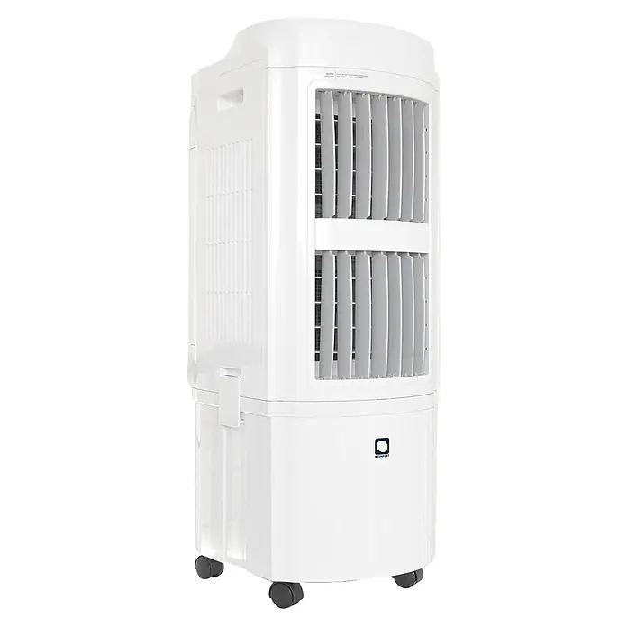 MConfort Climatizador evaporativo Hogar E2000 - Blanco, Altura: 97 cm, 90 W - Enfriador de aire evaporativo blanco alto con ruedas, rejillas frontales de ventilación y asa lateral.