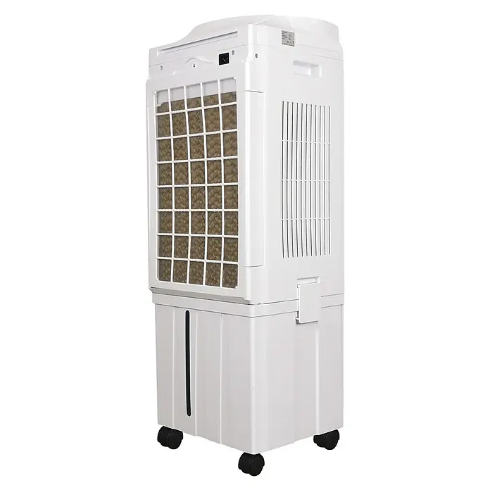 MConfort Climatizador evaporativo Hogar E2000 - Blanco, Altura: 97 cm, 90 W - Enfriador de aire evaporativo blanco con ruedas, rejilla frontal, ranuras laterales e indicador de nivel de agua.