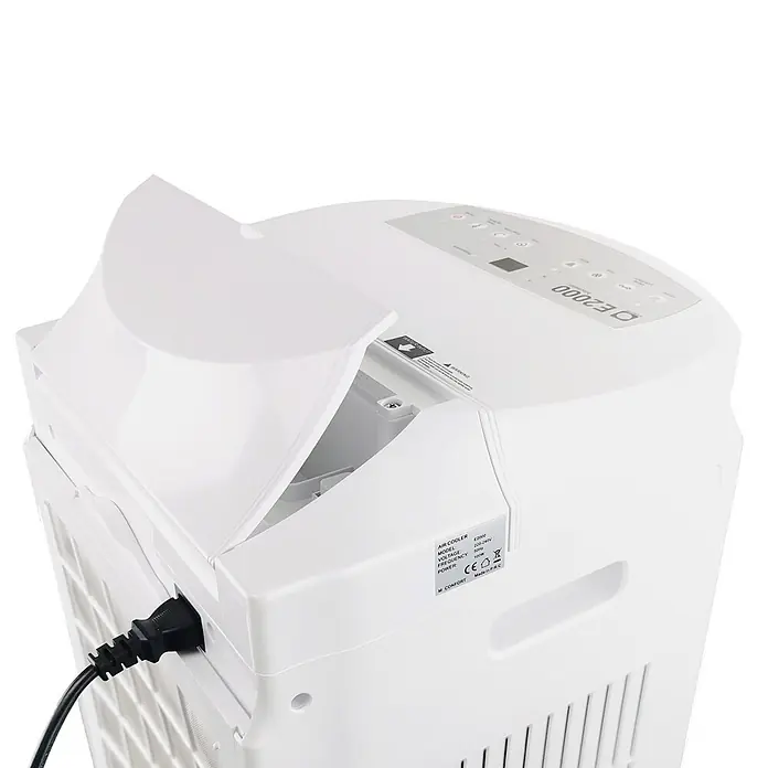 MConfort Climatizador evaporativo Hogar E2000 - Blanco, Altura: 97 cm, 90 W - Enfriador de aire de plástico blanco con la tapa superior parcialmente abierta, panel de control y cable de alimentación visibles.