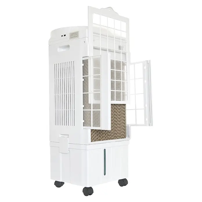 MConfort Climatizador evaporativo Hogar E2000 - Blanco, Altura: 97 cm, 90 W - Enfriador de aire evaporativo blanco con paneles laterales abiertos mostrando almohadillas de enfriamiento y filtros internos, con ruedas.