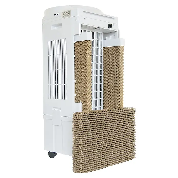 MConfort Climatizador evaporativo Hogar E2000 - Blanco, Altura: 97 cm, 90 W - Enfriador de aire evaporativo blanco con paneles de enfriamiento de nido de abeja marrones expuestos.