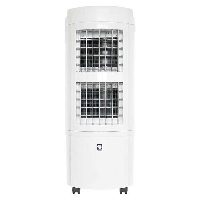MConfort Climatizador evaporativo Hogar E2000 - Blanco, Altura: 97 cm, 90 W - Enfriador de aire portátil blanco con rejilla frontal y logotipo "M Confort".