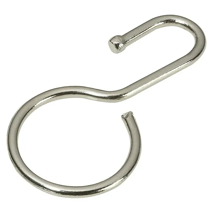 Expo Ambiente Gardinenhaken - 20 Stk., Geeignet für: Seilspanngarnitur - Duschvorhanghaken aus silbernem Metall mit S-Biegung und offenem C-Ring.