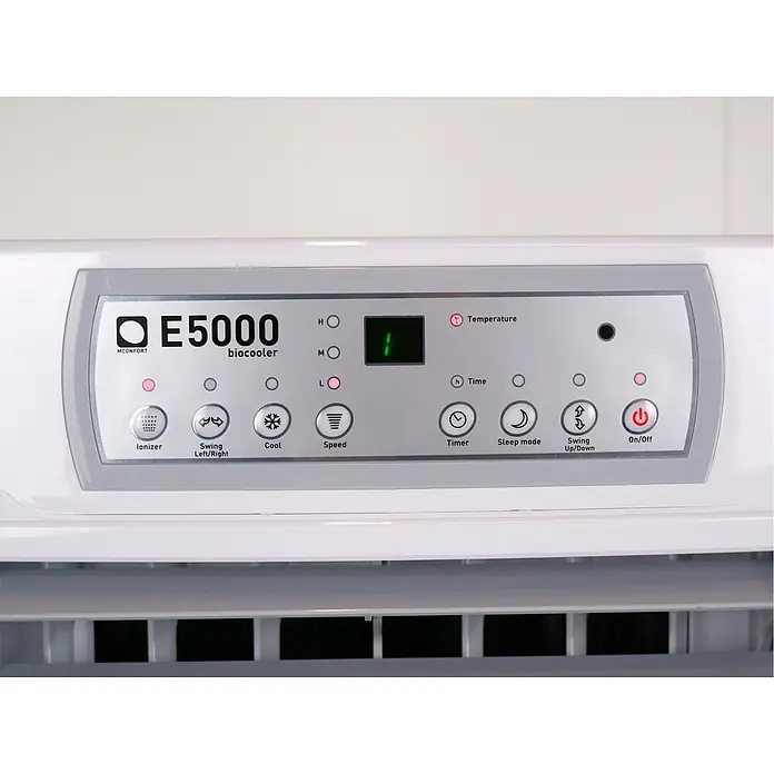 MConfort Climatizador evaporativo PRO E5000 - Blanco, Altura: 155 cm, 280 W, 45 litros - Panel de control de biocooler blanco y gris con pantalla digital y botones para ionizador, enfriamiento, velocidad, temporizador, oscilación y encendido/apagado.