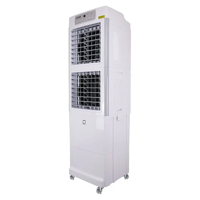 MConfort Climatizador evaporativo PRO E5000 - Blanco, Altura: 155 cm, 280 W, 45 litros - Enfriador de aire evaporativo blanco y alto con panel de control, dos grandes rejillas de salida de aire y ruedas.
