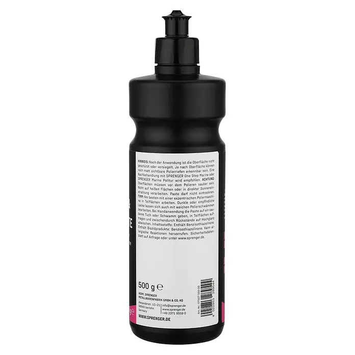 Sprenger Schleif-Polier-Paste - 500 g - Schwarze, undurchsichtige Flasche SPRENGER Marine Politur mit weißem Etikett mit Anweisungen und Herstellerinformationen.