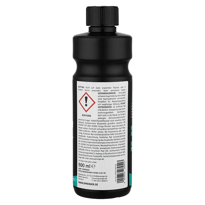 Sprenger Bootsreiniger GFK - 500 ml - Schwarze, undurchsichtige Flasche mit Schraubverschluss, einem weißen Etikett mit deutschem Text und einem roten Warnsymbol.