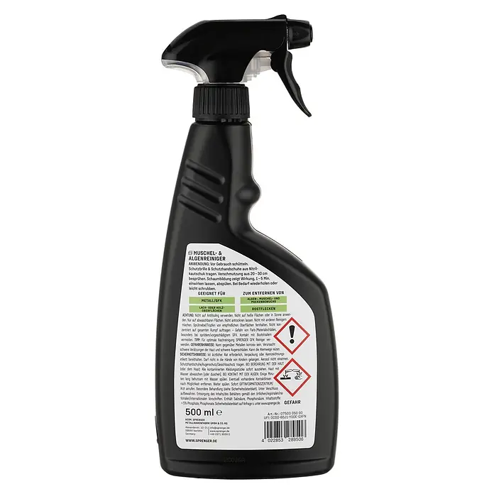 Sprenger Algen- & Muschelentferner - 500 ml - Schwarze Sprühflasche für Muschel- und Algenreiniger.