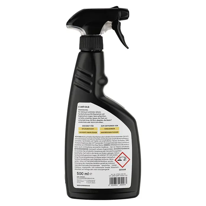 Sprenger Gelcoat Reiniger Anti Gilb - 500 ml - Schwarze Sprühflasche mit Anti-Gilb-Reiniger für verschiedene Oberflächen.