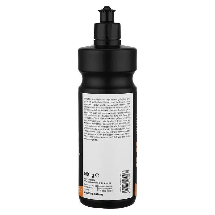 Sprenger Marine-Politur - 500 g - Schwarze Plastikflasche von Sprenger Politur oder Wachs, 500g, mit weißem Informationsetikett.