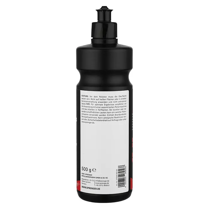 Sprenger Politur One Step Marine - 500 g - Schwarze Flasche Poliermittel mit weißem Etikett mit Produktinformationen.