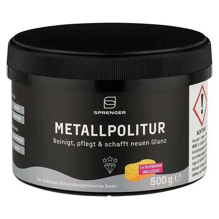 Sprenger Metall-Politurpaste inkl. Schwamm - 500 g - Schwarzer Tiegel Sprenger Metallpolitur, 500g, inklusive Schwamm, zum Reinigen, Pflegen und Polieren von Metall.