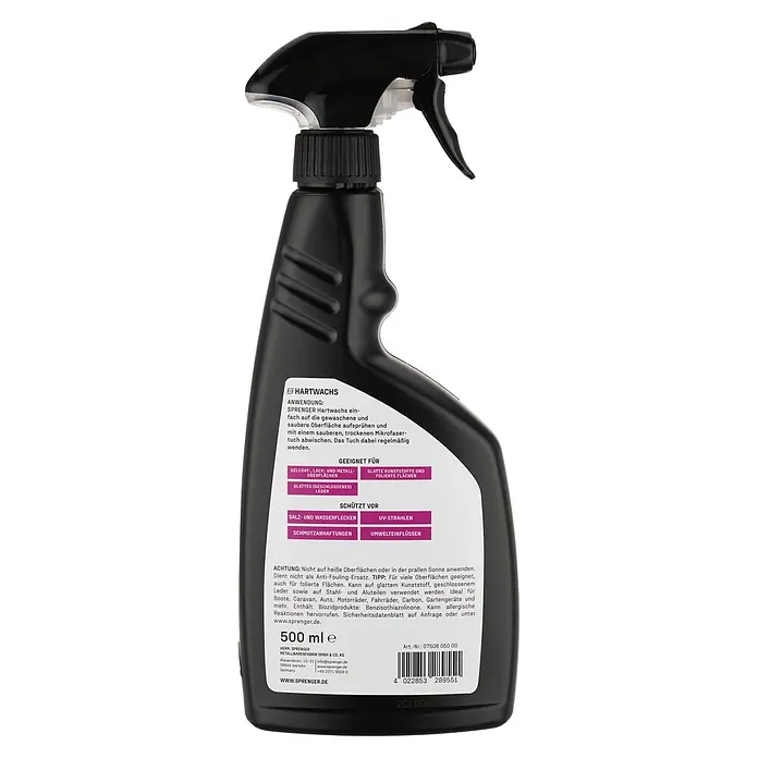Sprenger Hartwachs-Politur - 500 ml - Schwarze Kunststoff-Sprühflasche mit Trigger, enthält SPRENGER Hartwachs, mit weißem Etikett.