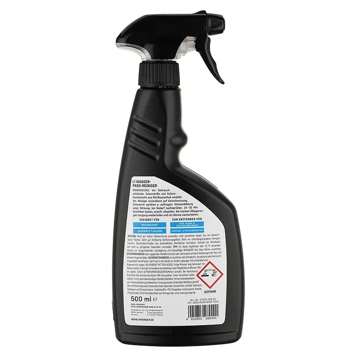 Sprenger Wasserpassreiniger - 500 ml - Schwarze Kunststoff-Sprühflasche mit Triggerkopf für Bootsreiniger.