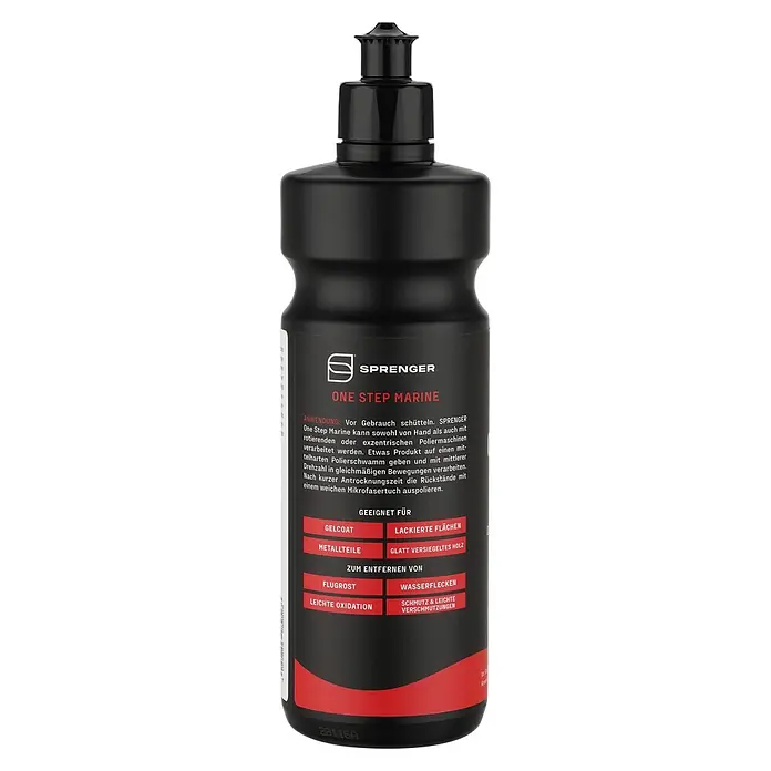 Sprenger Politur One Step Marine - 500 g - Schwarze Flasche Sprenger One Step Marine Politur mit rotem Etikett. Zur Reinigung und Politur von Booten und Oberflächen.