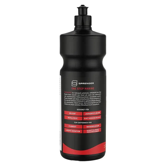 Sprenger Politur One Step Marine - 1.000 g - Schwarze Flasche SPRENGER ONE STEP MARINE Politur mit schwarzem Verschluss und rot-weißem Etikett für Marineflächen.