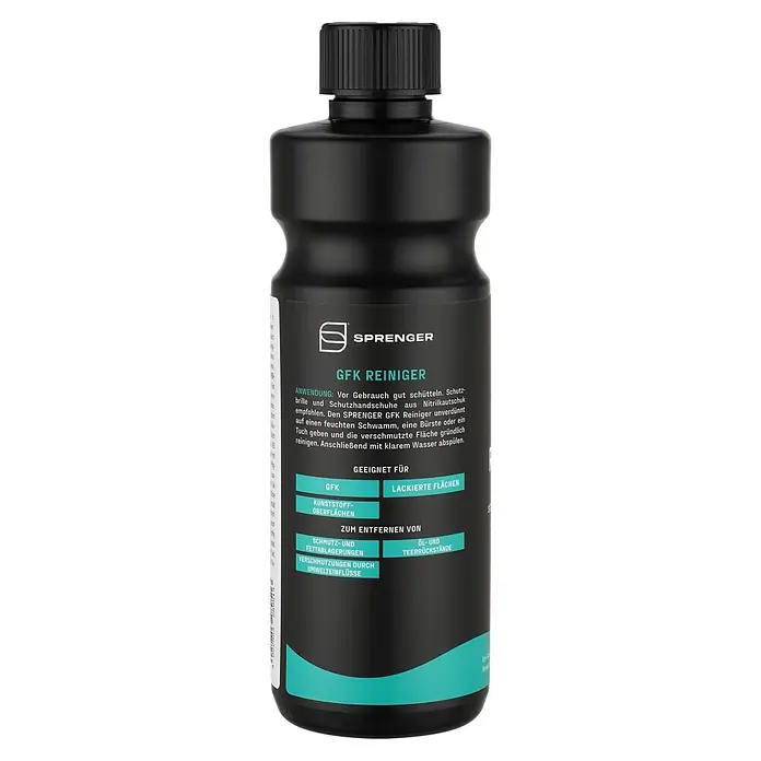 Sprenger Bootsreiniger GFK - 500 ml - Schwarze Sprenger GFK Reiniger Flasche mit grün-weißem Etikett, zur Reinigung von GFK, Kunststoff und Lackoberflächen.