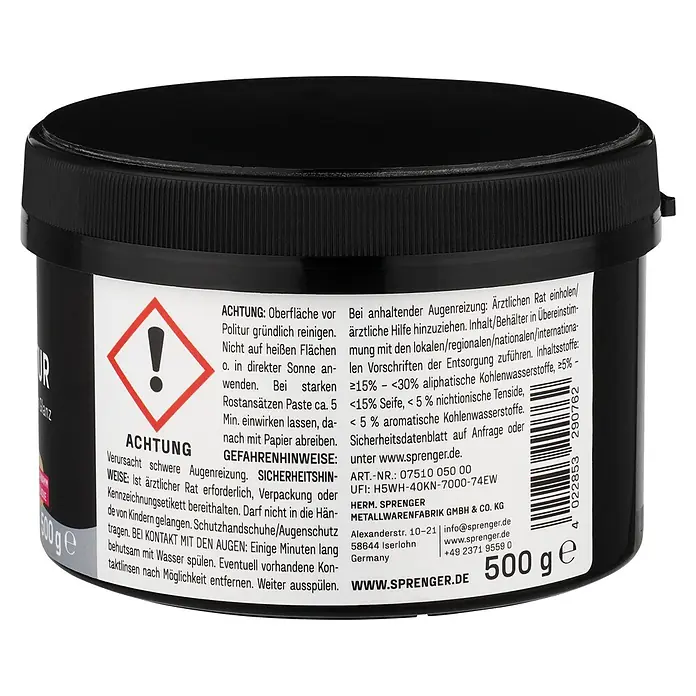Sprenger Metall-Politurpaste inkl. Schwamm - 500 g - Schwarze Kunststoffdose Politur/Paste mit geriffeltem Schraubverschluss, Warnetikett und Produktdetails. Enthält 500g.