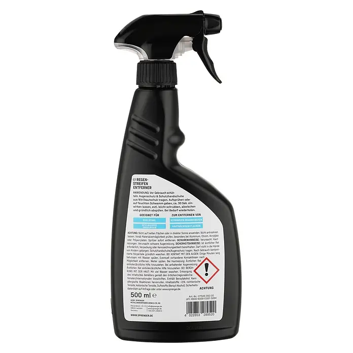 Sprenger Regenstreifen-Entferner - 500 ml - Schwarze Sprühflasche Regen-Streifen Entferner mit Triggerkopf für Oberflächenreinigung.