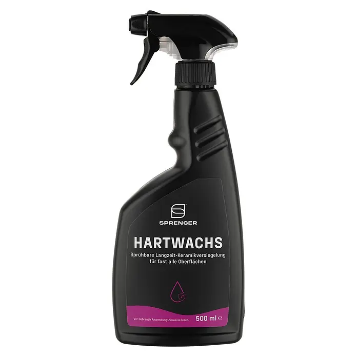 Sprenger Hartwachs-Politur - 500 ml - Schwarze Kunststoff-Sprühflasche SPRENGER HARTWACHS Keramikversiegelung, 500ml, mit pinkem Etikett.