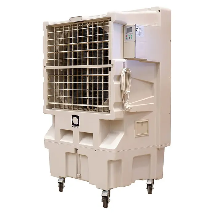 MConfort Climatizador evaporativo PRO IC12000 - Blanco, Altura: 135 cm, 440 W, 70 litros - Gran enfriador de aire evaporativo portátil beige con rejilla frontal, panel de control, cable y ruedas.