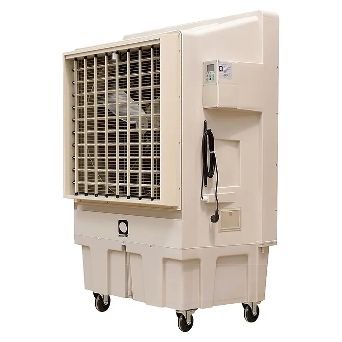 MConfort Climatizador evaporativo PRO IC18000 - Blanco, Altura: 156 cm, 700 W, 96 litros - Gran enfriador de aire evaporativo crema portátil sobre ruedas con rejilla de ventilador visible y panel de control.