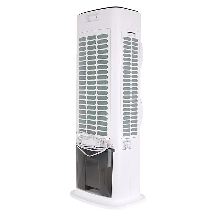 MConfort Climatizador evaporativo Hogar Small Duo - Blanco, Altura: 93 cm, 90 W, 9 litros - Enfriador y humidificador de aire de torre blanco con rejillas laterales, un depósito de agua gris oscuro y cable de alimentación enrollado.