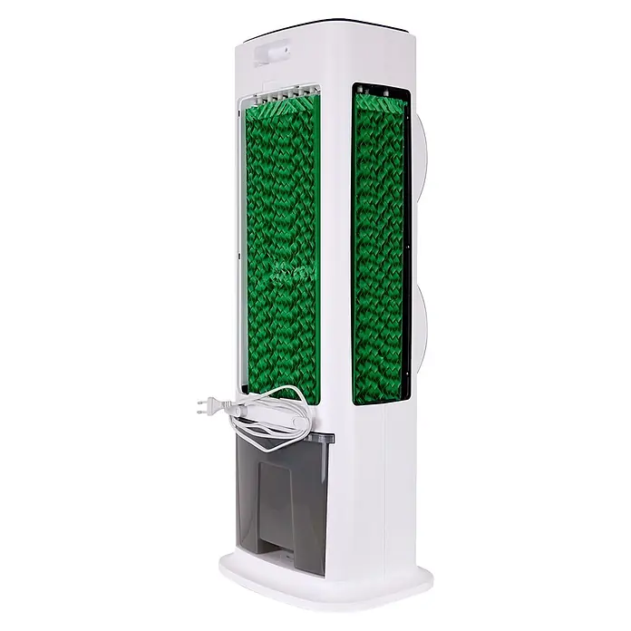 MConfort Climatizador evaporativo Hogar Small Duo - Blanco, Altura: 93 cm, 90 W, 9 litros - Enfriador de aire evaporativo de torre blanco con almohadillas de enfriamiento verdes visibles, tanque de agua oscuro y cable de alimentación.