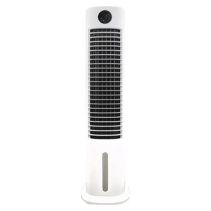 MConfort Climatizador evaporativo Hogar Tower - Blanco, Altura: 105 cm, 80 W, 8 litros - Ventilador de torre blanco alto con rejilla oscura, panel de control superior e indicador de nivel de agua visible para enfriar.