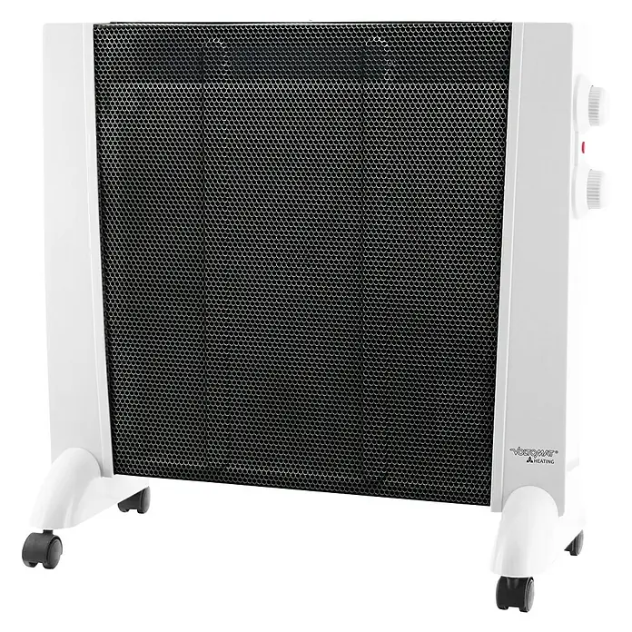 Voltomat HEATING Wärmewellenheizung - 56 x 22 x 53 cm, 1.200 W, Silber/Schwarz - Heizkörper: Ein freistehender, weißer Voltcraf Heizkörper mit schwarzem Gitter und Drehknöpfen zur Temperaturregelung.