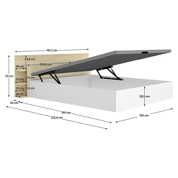 Dekit Cabecero de cama Tori - L x An: 209,2 x 181,2 cm, Roble claro, Con canapé - Cama de almacenamiento blanca con cabecero de madera clara y estantes integrados. El colchón está levantado mostrando el amplio espacio de almacenamiento.