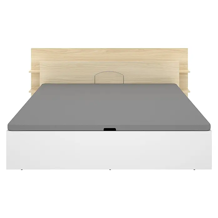 Dekit Cabecero de cama Tori - L x An: 209,2 x 181,2 cm, Roble claro, Con canapé - Cama moderna con base blanca, cabecero de madera clara con recorte y colchón gris.