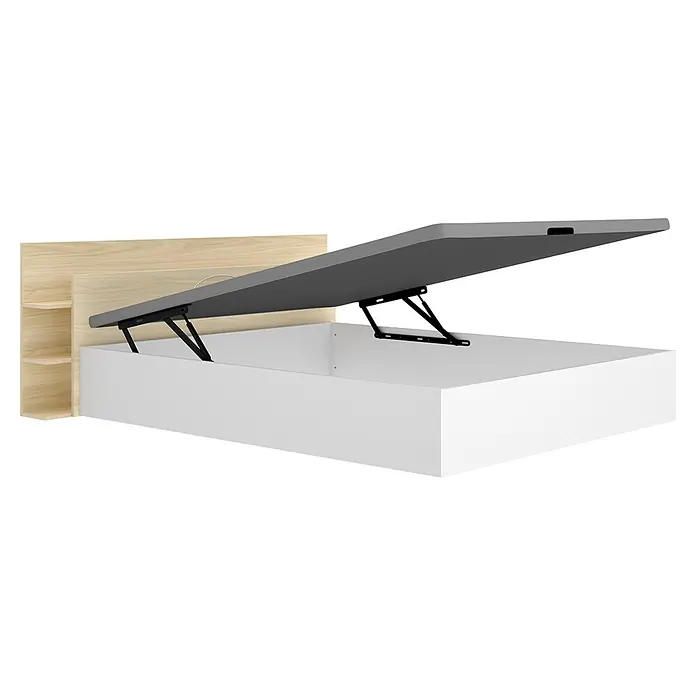 Dekit Cabecero de cama Tori - L x An: 209,2 x 181,2 cm, Roble claro, Con canapé - Cama blanca con cabecero de madera clara y estantes, la plataforma del colchón gris oscuro elevada por brazos hidráulicos negros revela almacenaje.