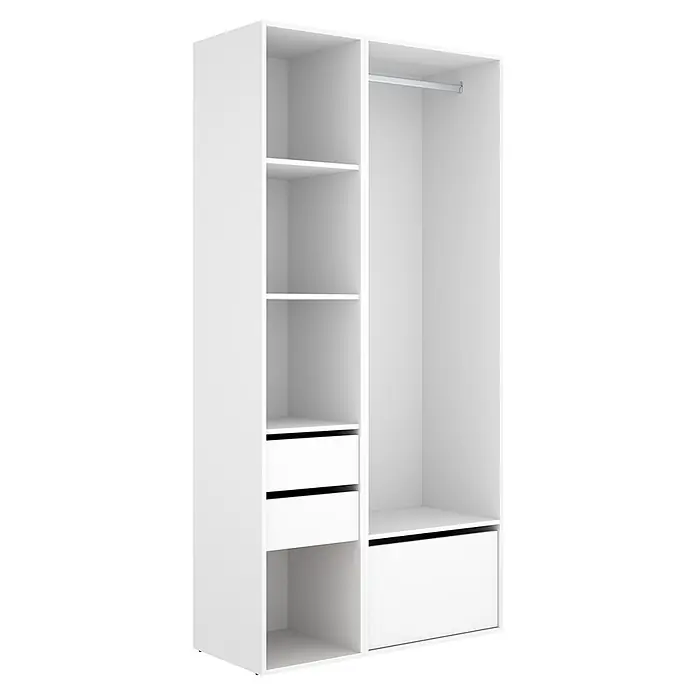 Dekit Armario para ropa Suit - L x An x Al: 45 x 99,5 x 204,5 cm, Blanco/Natural, Trasera reversible - Armario blanco con sección de estantes abiertos y dos cajones, y otra sección con barra y cajón inferior.