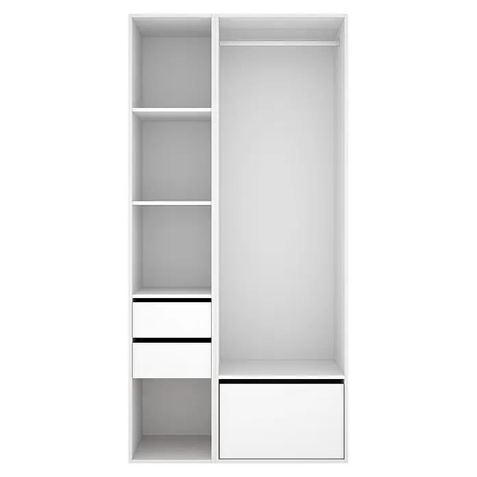 Dekit Armario para ropa Suit - L x An x Al: 45 x 99,5 x 204,5 cm, Blanco/Natural, Trasera reversible - Armario abierto blanco con estantes y cajones a la izquierda, y una barra para colgar con un gran cajón inferior a la derecha.