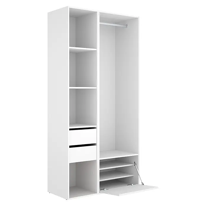 Dekit Armario para ropa Suit - L x An x Al: 45 x 99,5 x 204,5 cm, Blanco/Natural, Trasera reversible - Armario blanco abierto con estantes, dos cajones, una barra para colgar y un compartimento inferior con puerta abatible.