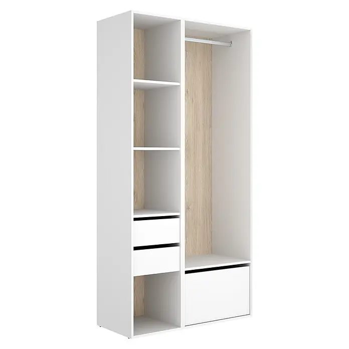 Dekit Armario para ropa Suit - L x An x Al: 45 x 99,5 x 204,5 cm, Blanco/Natural, Trasera reversible - Armario abierto blanco con paneles traseros de madera clara, con estantes, dos cajones pequeños a la izquierda, una barra y un cajón grande a la derecha.