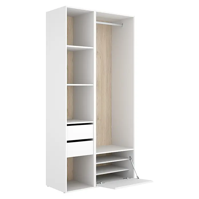 Dekit Armario para ropa Suit - L x An x Al: 45 x 99,5 x 204,5 cm, Blanco/Natural, Trasera reversible - Armario blanco con interior de madera clara, con estantes, cajones, barra para colgar ropa y compartimento inferior con puerta abatible.