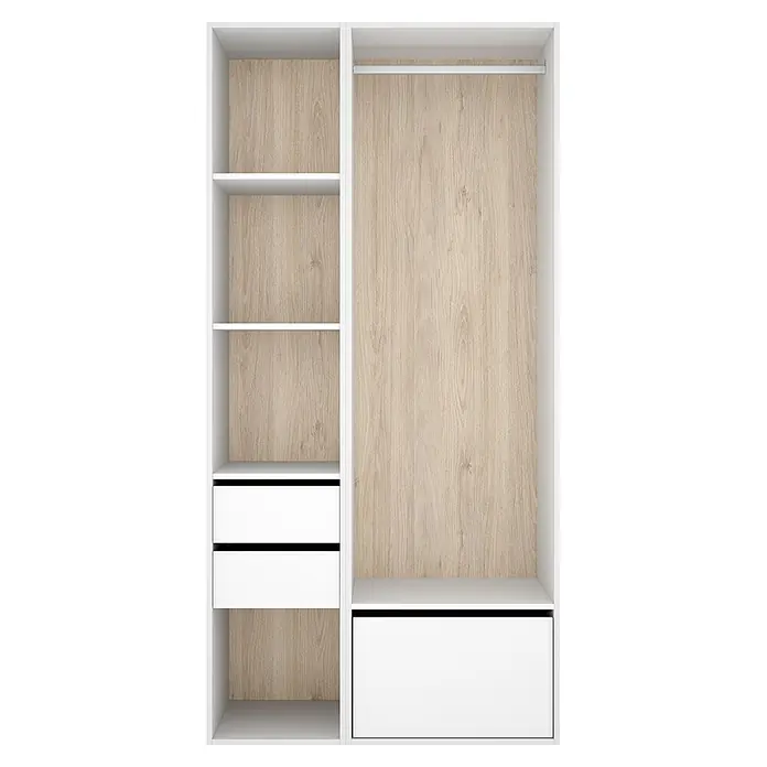 Dekit Armario para ropa Suit - L x An x Al: 45 x 99,5 x 204,5 cm, Blanco/Natural, Trasera reversible - Interior de armario blanco con paneles traseros efecto madera, baldas, dos cajones pequeños, una barra para colgar y un cajón inferior grande.