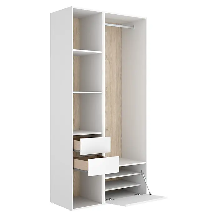 Dekit Armario para ropa Suit - L x An x Al: 45 x 99,5 x 204,5 cm, Blanco/Natural, Trasera reversible - Armario blanco y roble claro con estantes, dos cajones, barra de colgar y un compartimento inferior abatible.